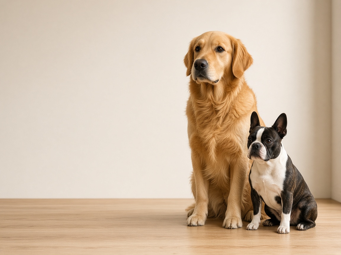 A golden retriever and a small Boston terrier sitting together
