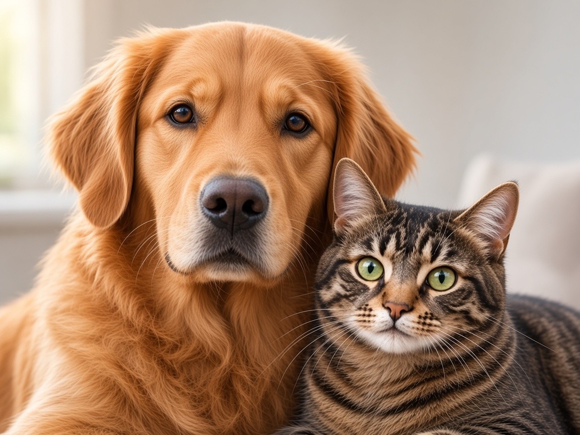 A golden retriever and a tabby cat sitting together
